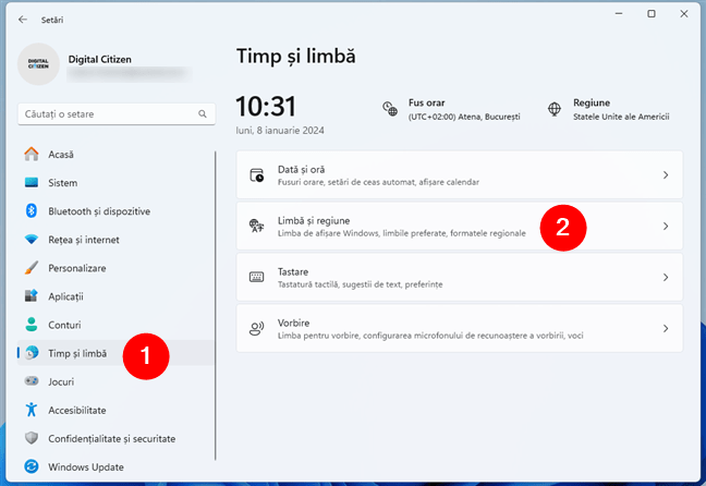 SetÄrile LimbÄ Èi regiune din Windows 11