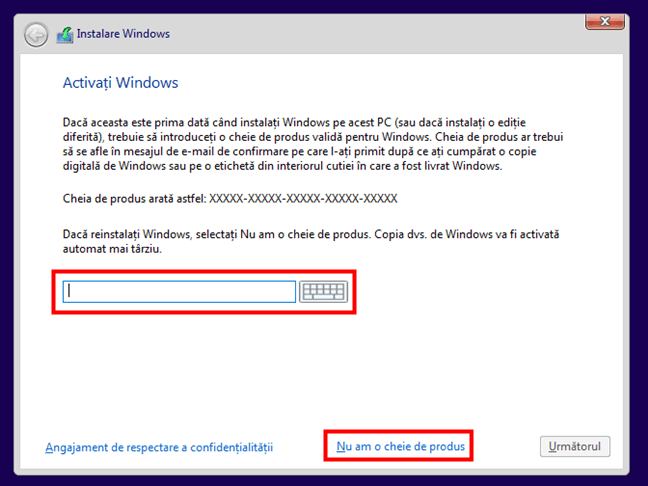 Introdu cheia de licenÈ›Äƒ sau alege Nu am o cheie de produs
