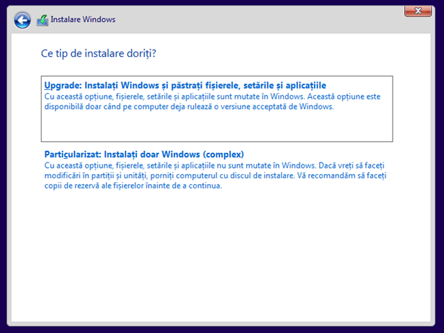 SelecteazÄƒ Particularizat: InstalaÈ›i doar Windows (complex)