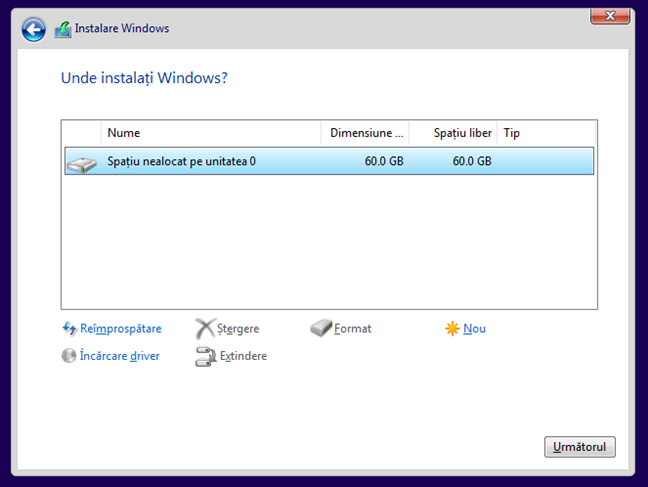 Alege partiÈ›ia pe care instalezi Windows 10