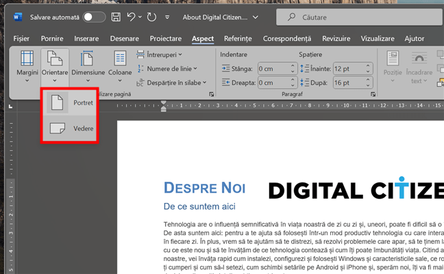 Alege Portret sau Vedere pentru document