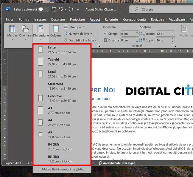 Cum schimbi dimensiunea hÃ¢rtiei Ã®n Word