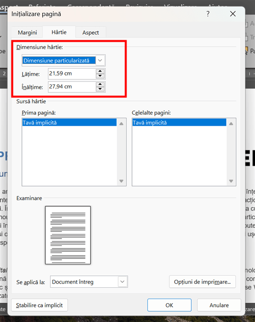 Alege o dimensiune particularizatÄƒ a hÃ¢rtiei Ã®n Word