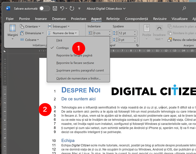 Cum aratÄƒ Numerele de linie Ã®ntr-un document Word