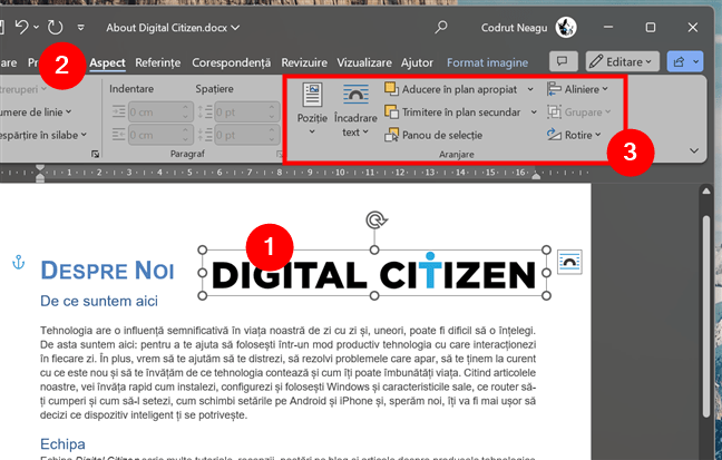 OpÈ›iuni de aranjare disponibile Ã®n Microsoft Word