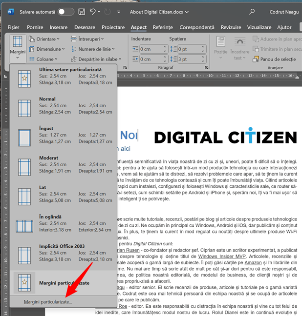 Cum setezi Margini particularizate Ã®n Word