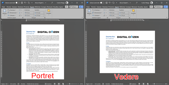 Cum aratÄƒ un document Ã®n modul portret vs. vedere