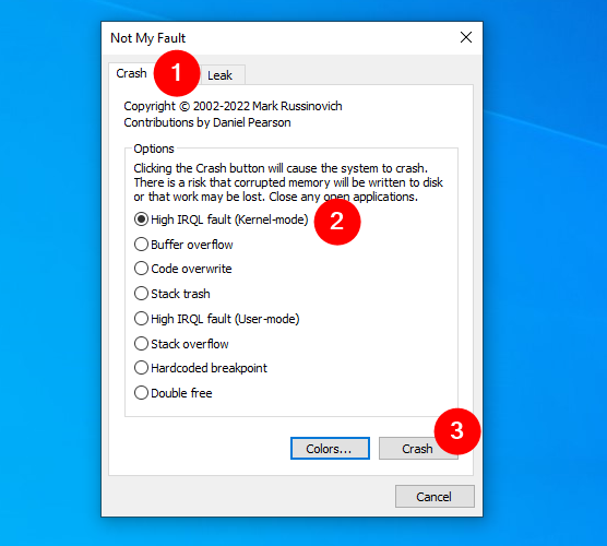 Ãn fila Crash, alege un tip de BSOD Èi apasÄ pe Crash