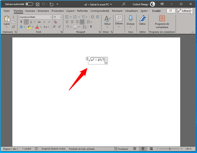 O expresie matematicÄƒ inseratÄƒ Ã®n Word