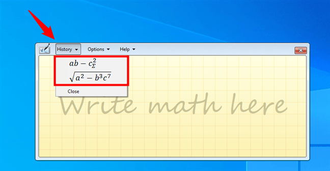 Istoricul expresiilor din Math Input Panel