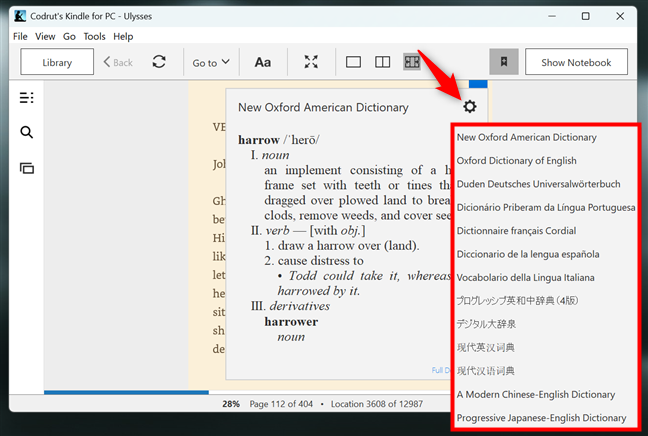 Treci la un dicÈionar diferit în aplicaÈia Kindle pentru PC