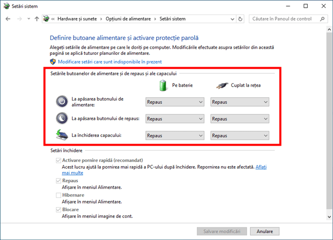 SetÄƒri pentru butoanele de alimentare È™i de repaus È™i pentru capacul unui laptop cu Windows
