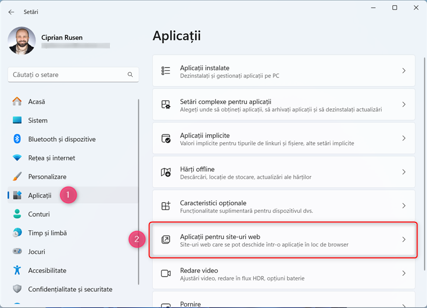 ÃŽn SetÄƒrile din Windows 11, acceseazÄƒ AplicaÈ›ii > AplicaÈ›ii pentru site-uri web