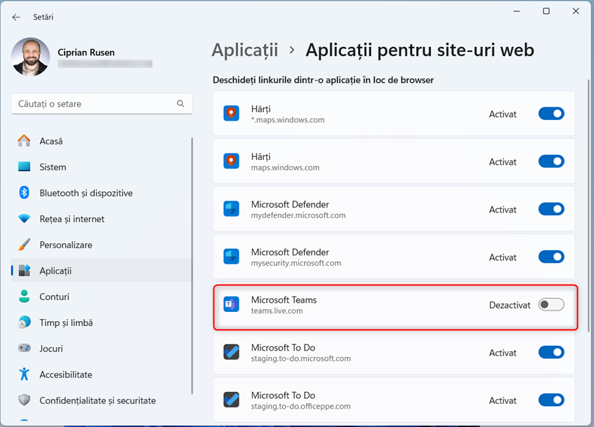 OpreÈ™te asocierea pentru Microsoft Teams