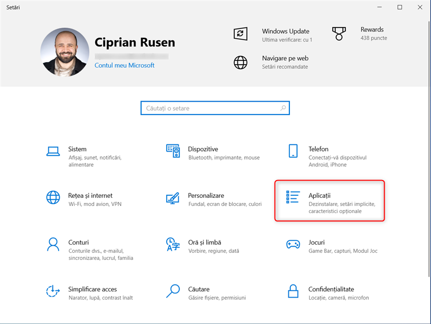 ÃŽn SetÄƒrile din Windows 10, acceseazÄƒ AplicaÈ›ii