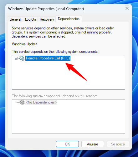 DependenÈ›ele serviciului Windows Update