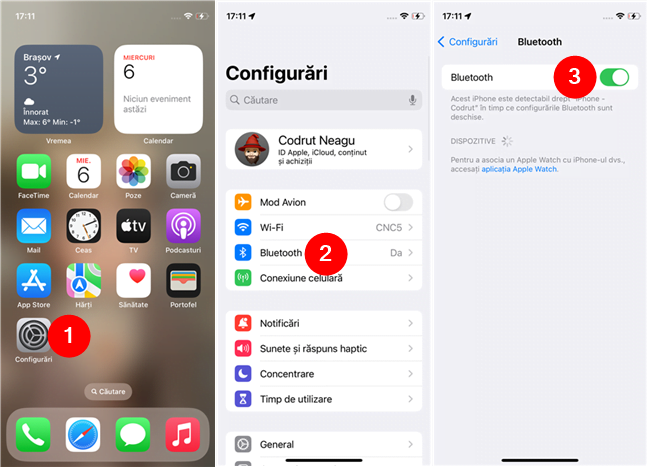 Deschide configurÄƒrile Bluetooth de pe iPhone-ul tÄƒu È™i activeazÄƒ Bluetooth