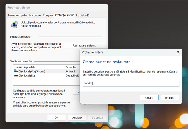 CreeazÄƒ un punct de restaurare a sistemului Ã®nainte de a dezactiva serviciile