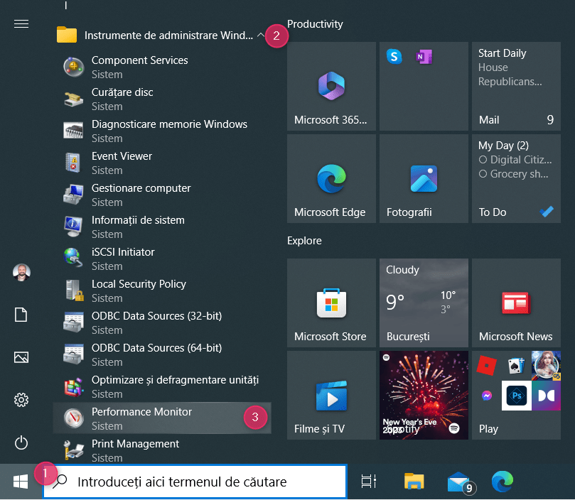 ScurtÄƒtura Performance Monitor Ã®n Windows 10