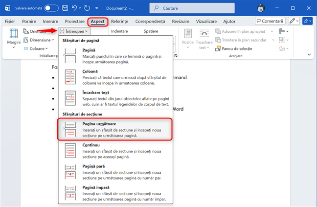AdaugÄ o întrerupere în document