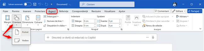Schimba orientarea pentru pagina curentÄ