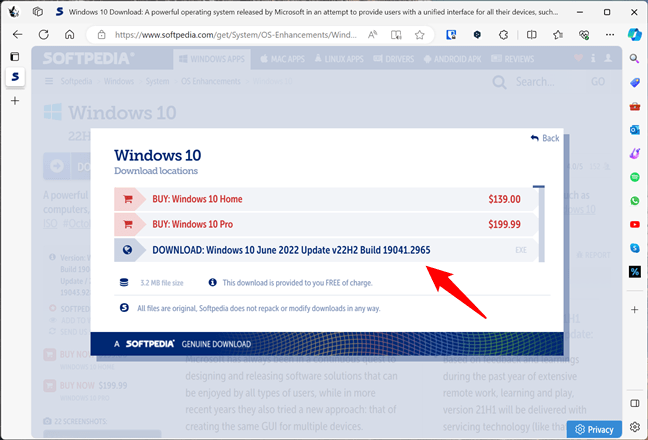 Pagina de descÄƒrcÄƒri cu Windows 10 de la Softpedia