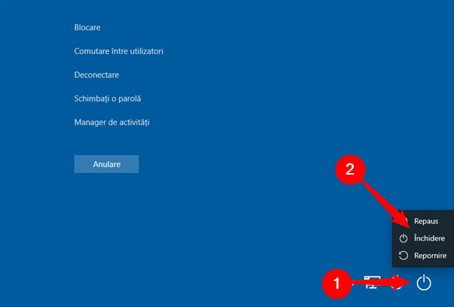 Cum Ã®nchizi Windows 10 de pe ecranul Control + Alt + Delete