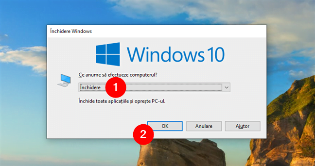 OpreÈ™te Windows 10 din fereastra ÃŽnchidere Windows