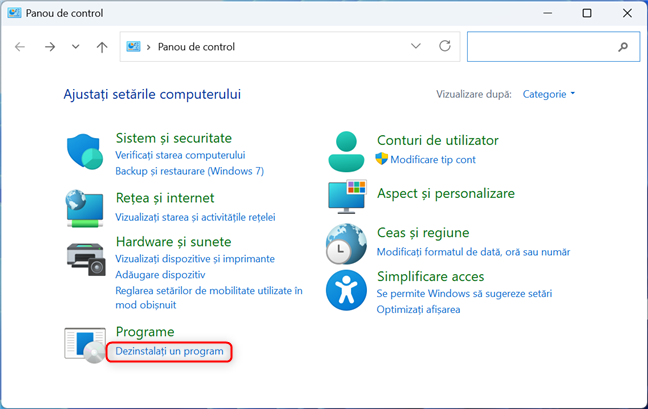 DÄƒ clic pe DezinstalaÈ›i un program