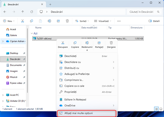 Clic dreapta pe fiÈ™ierul MSI È™i alege AfiÈ™aÈ›i mai multe opÈ›iuni