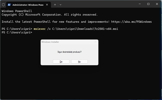 Comanda pentru dezinstalare folosind fiÈ™ierul MSI