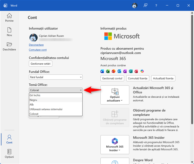 Alege tema pentru Office
