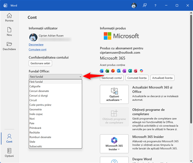 Alege fundalul pentru Office