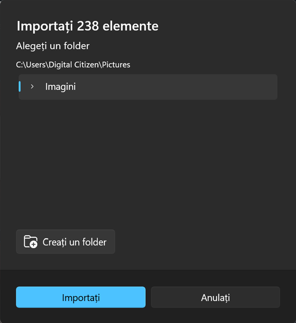 Alege folderul unde le impor&Egrave;i