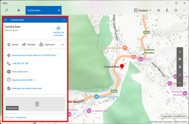 Detalii despre un loc, afiÈ™ate de HÄƒrÈ›i din Windows