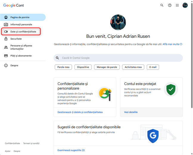 DÄ clic pe Date Èi confidenÈialitate