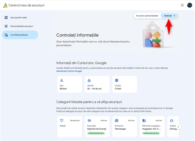 Ãn ConfidenÈialitate, apasÄ pe Activate