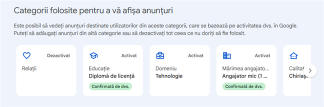 Categoriile de informaÈii folosite pentru reclame