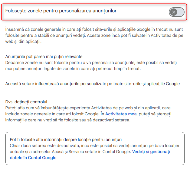 DezactiveazÄ opÈiunea FoloseÈte zonele pentru personalizarea anunÈurilor