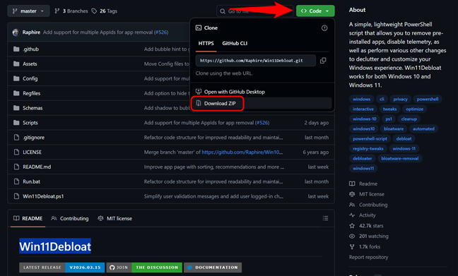 Po&Egrave;i desc&Auml;rca Win11Debloat &Egrave;i de pe GitHub
