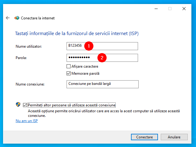 Numele de utilizator Èi parola oferite de ISP