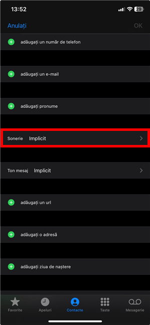 ApasÄ pe Sonerie pentru a schimba cum sunÄ iPhone-ul când te cautÄ o anumitÄ persoanÄ