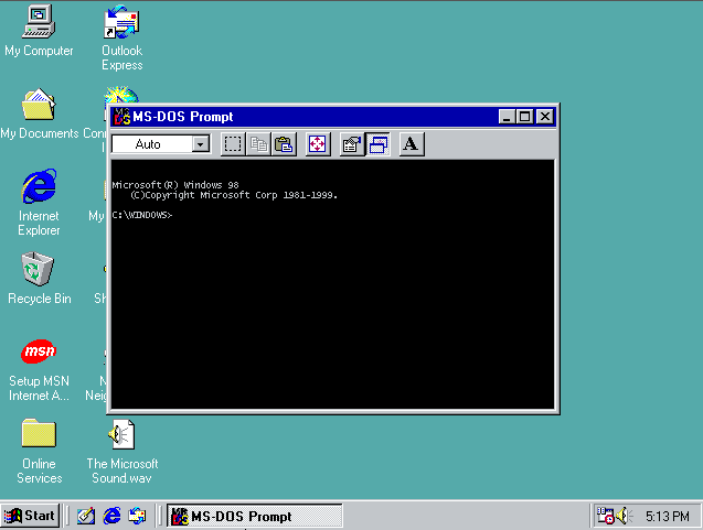 MS-DOS Prompt în Windows 98 SE