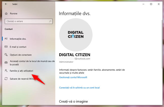 SecÈiunea Familie Èi alÈi utilizatori din categoria Conturi
