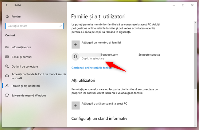 Contul copilului a fost configurat, iar starea sa este Ãn aÈteptare pânÄ când cel mic se conecteazÄ