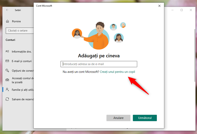 Alege sÄ creezi un cont de copil atunci când acesta nu are o adresÄ de e-mail