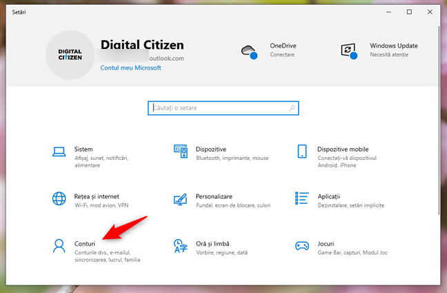 Categoria Conturi în SetÄrile din Windows 10