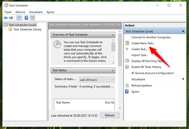 Ac&Egrave;iunea Create Basic Task din Task Scheduler