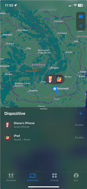 LocaÈia iPhone-ului Èi iPad-ului meu în aplicaÈia GÄsire
