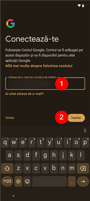 Introdu adresa de e-mail sau numÄrul de telefon pentru Contul tÄu Google